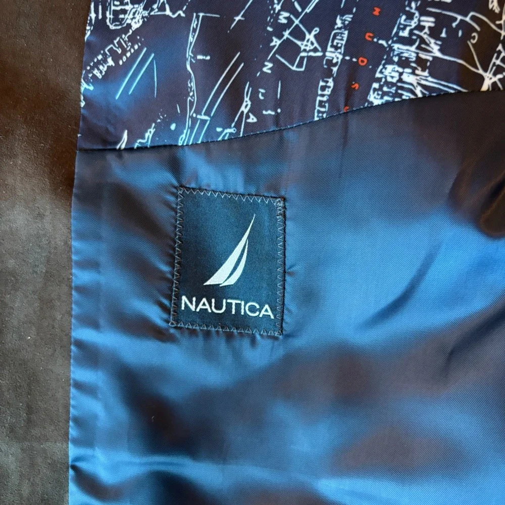 Nautica Blazer Branford 52R Faux Suede Brown Nautical Map Dark Academia Mens